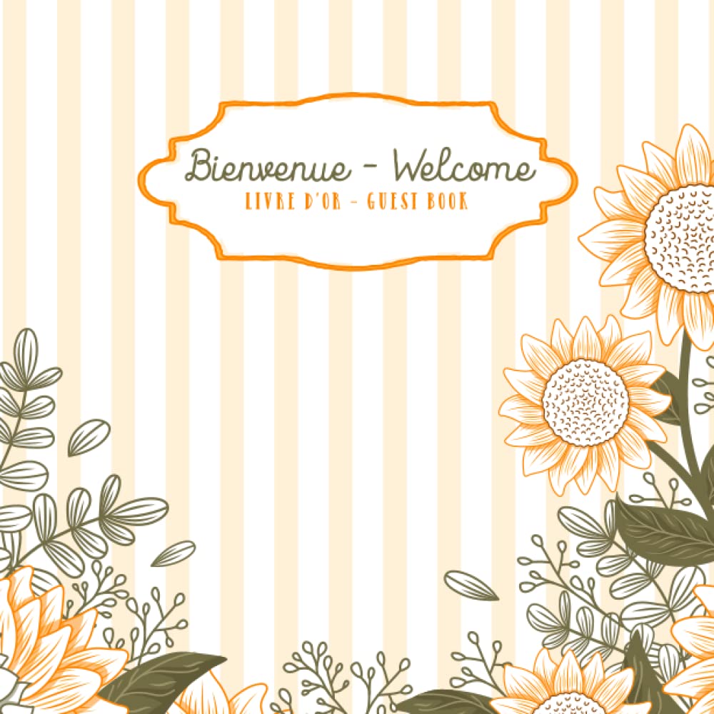 French English Bilingual Guestbook for Visitors – Sunflowers & Stripes