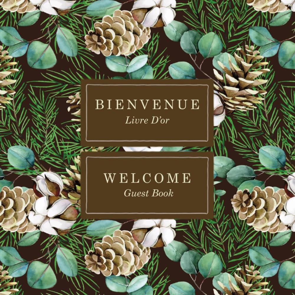 French English Bilingual Guestbook for Visitors – Pine Cones and Winter Flowers